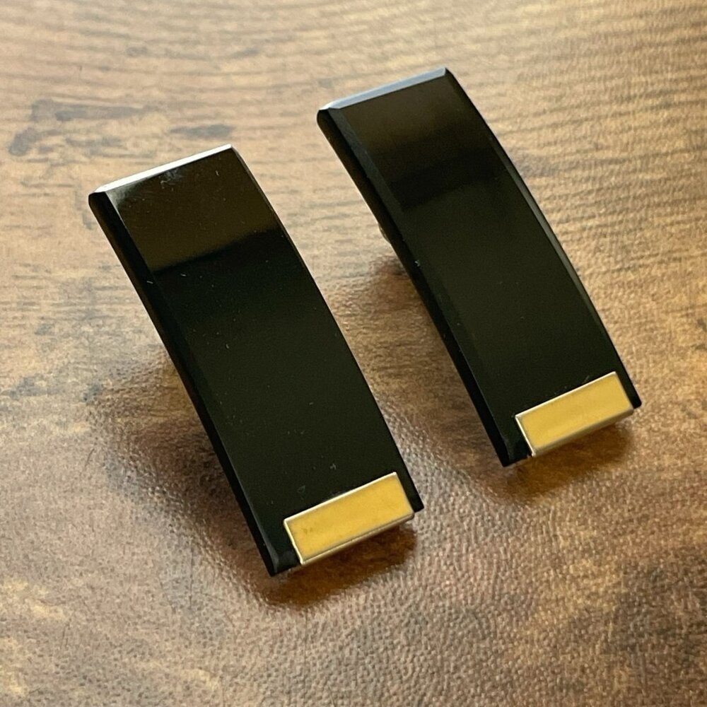Vintage 1970s Art Deco Revival Earrings Black Glass Gold Tone Modernist Jewelry